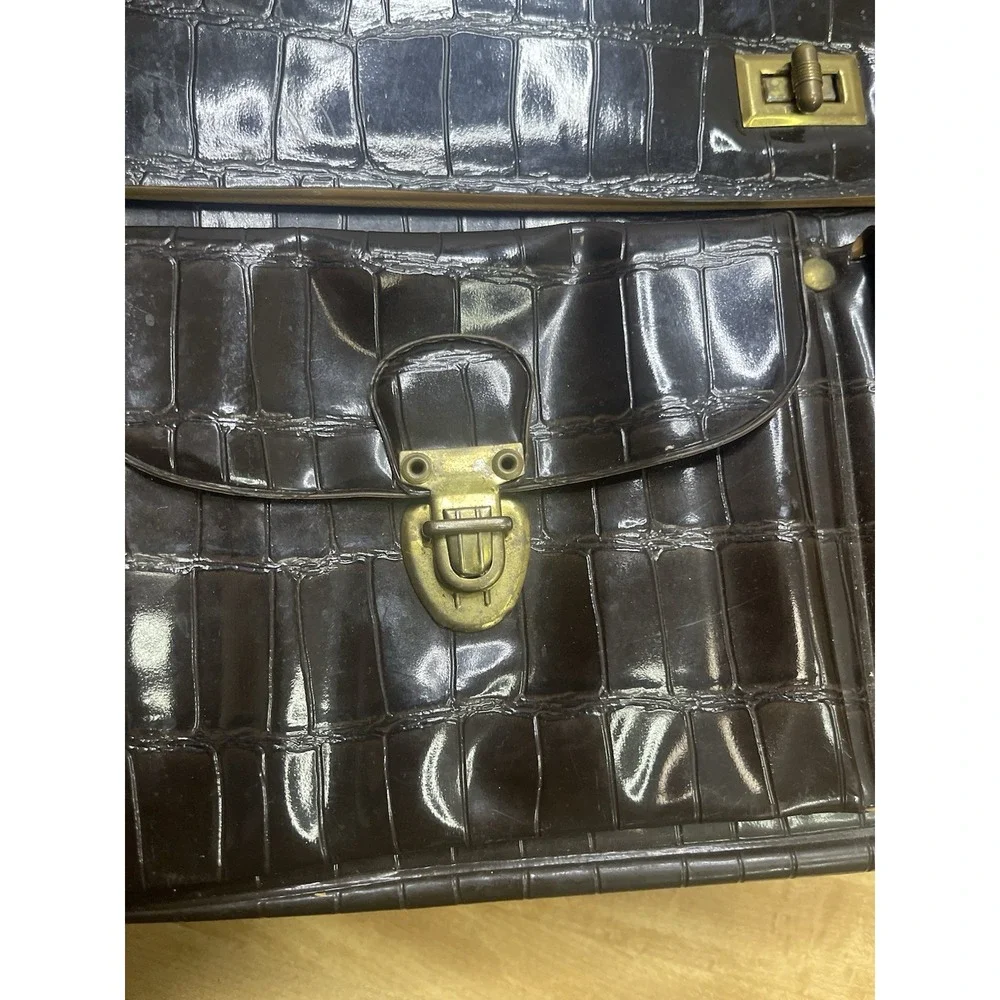 BROWN CROCO PRINT FAUSE LEATHER‎ VINTAGE CELEBRITY 2 POCKETS FLAP BRIEFCASE